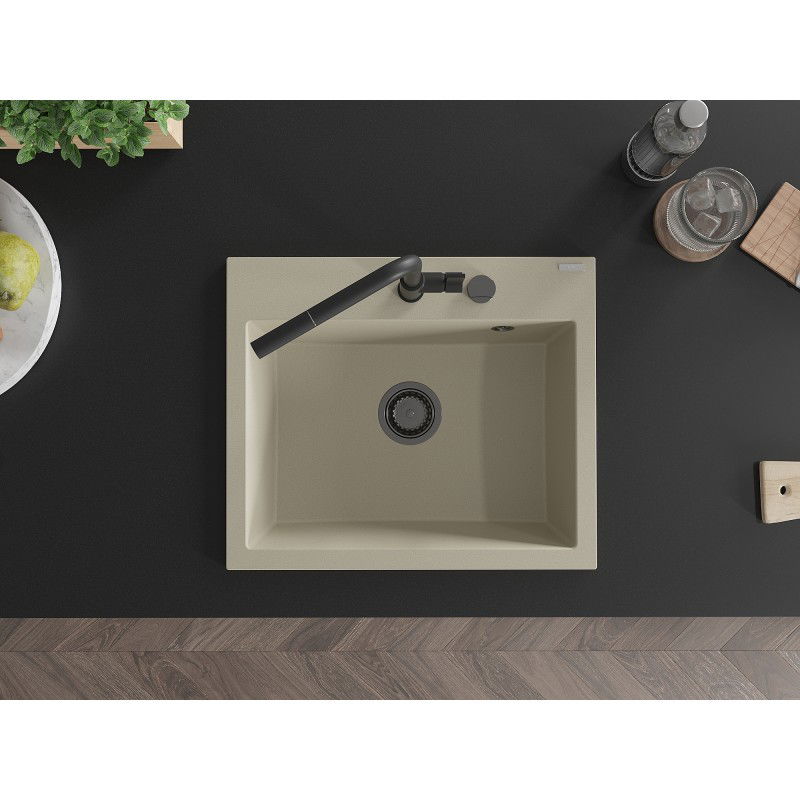 Mexen Oscar гранитна мивка с 1 камера 580 x 490 mm, бежов, черен сифон - 6519581000-69-B