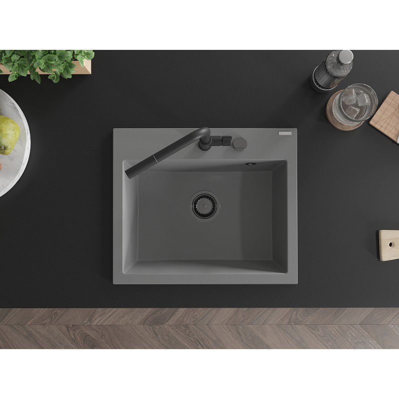 Mexen Oscar гранитна мивка с 1 корито 580 x 490 mm, сива, сифон черен - 6519581000-71-B