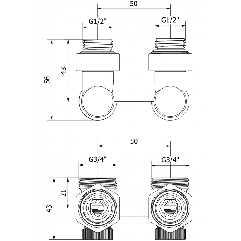 Mexen Uni-Term радиаторен вентил двутръбен DN50, ъглов 1/2"x3/4", никел - W911-012-01