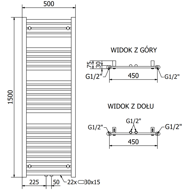 Mexen Hades радиатор за баня 1500 x 500 мм, 703 W, антрацит - W104-1500-500-00-66