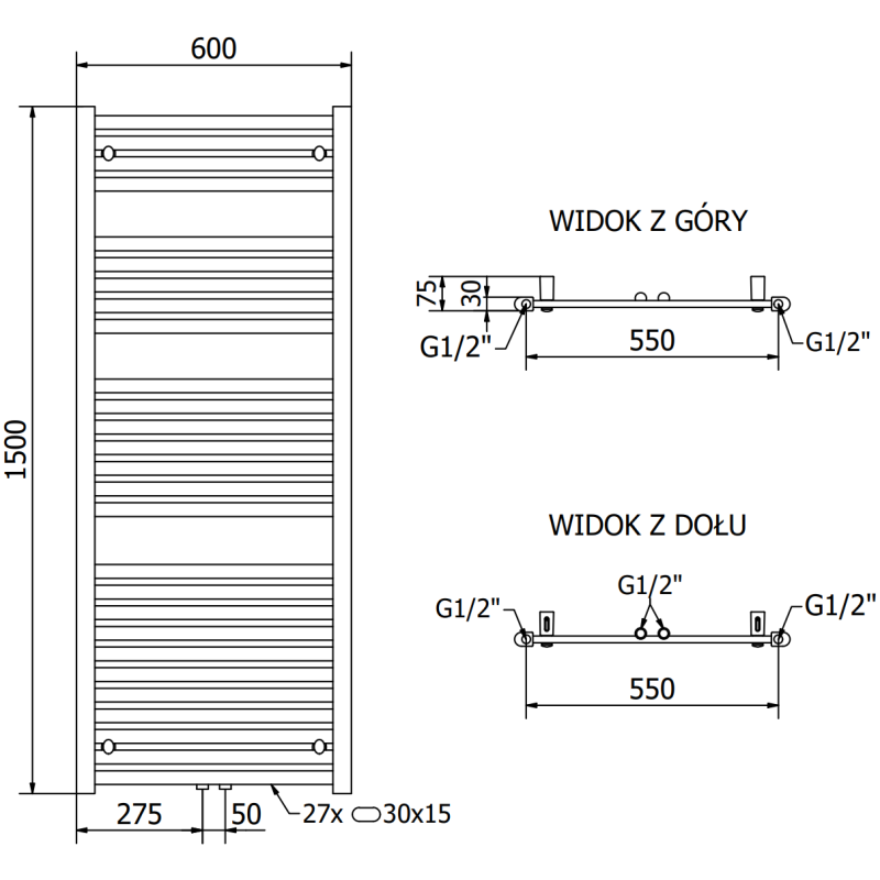 Mexen Hades банен радиатор 1500 x 600 mm, 649 W, хром - W104-1500-600-00-01