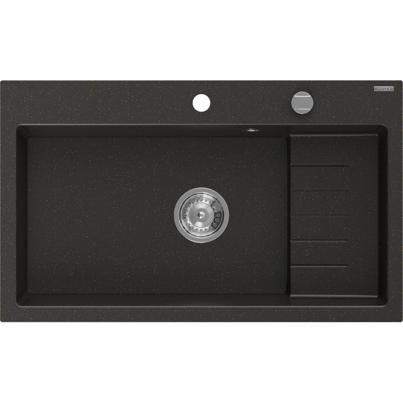 Mexen Omar гранитна мивка с 1 гнездо 800 x 480 мм, черен/златист металик, сифон хром - 6520801005-75