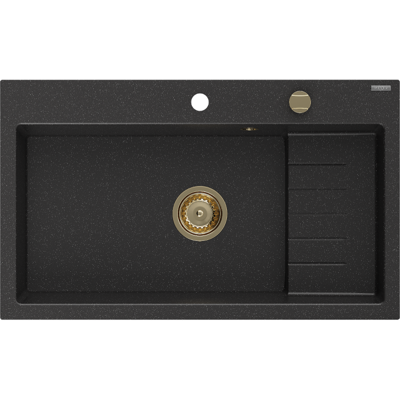Mexen Omar гранитна мивка с 1 отделение 800 x 480 mm, черен/сребърен металик, златен сифон - 6520801005-73-G