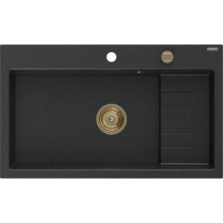 Mexen Omar гранитна мивка с 1 отделение 800 x 480 mm, черен/сребърен металик, златен сифон - 6520801005-73-G