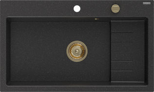 Mexen Omar гранитна мивка с 1 отделение 800 x 480 mm, черен/сребърен металик, златен сифон - 6520801005-73-G