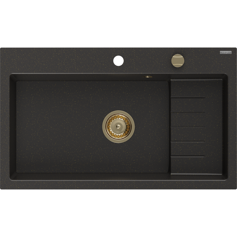 Mexen Omar гранитна мивка с 1 камера 800 x 480 mm, черен/златен металик, златен сифон - 6520801005-75-G