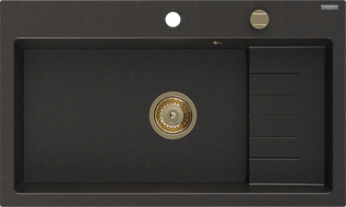 Mexen Omar гранитна мивка с 1 камера 800 x 480 mm, черен/златен металик, златен сифон - 6520801005-75-G