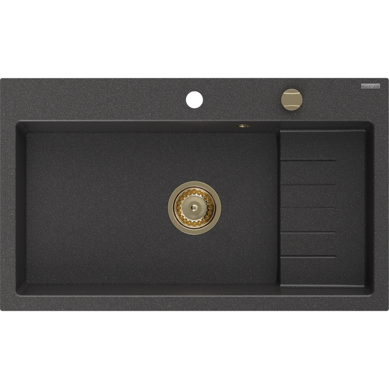 Mexen Omar гранитна мивка 1-коморна 800 x 480 mm, черна на пръски, златен сифон - 6520801005-76-G