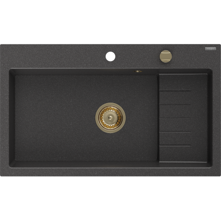 Mexen Omar гранитна кухненска мивка с 1 корито 800 x 480 mm, черна на петна, златен сифон - 6520801005-76-G