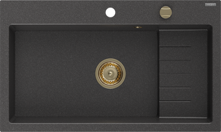Mexen Omar гранитна кухненска мивка с 1 корито 800 x 480 mm, черна на петна, златен сифон - 6520801005-76-G
