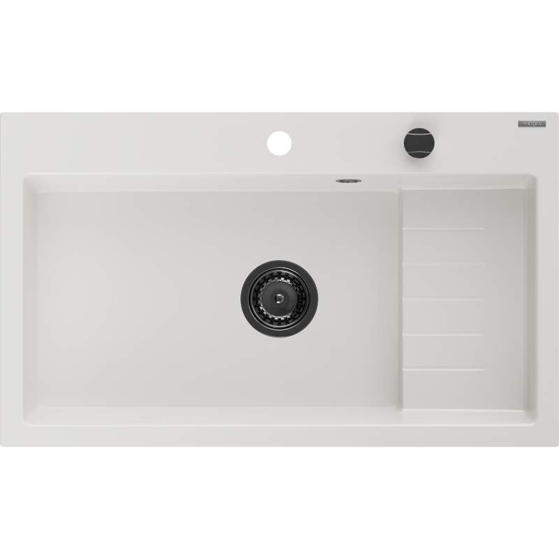 Mexen Omar гранитна мивка с 1 гнездо 800 x 480 mm, бяла, черен сифон - 6520801005-20-B