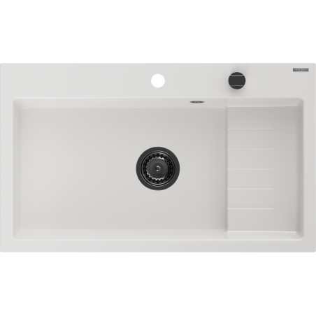 Mexen Omar гранитна мивка с 1 корито 800 x 480 мм, бяла, черен сифон - 6520801005-20-B