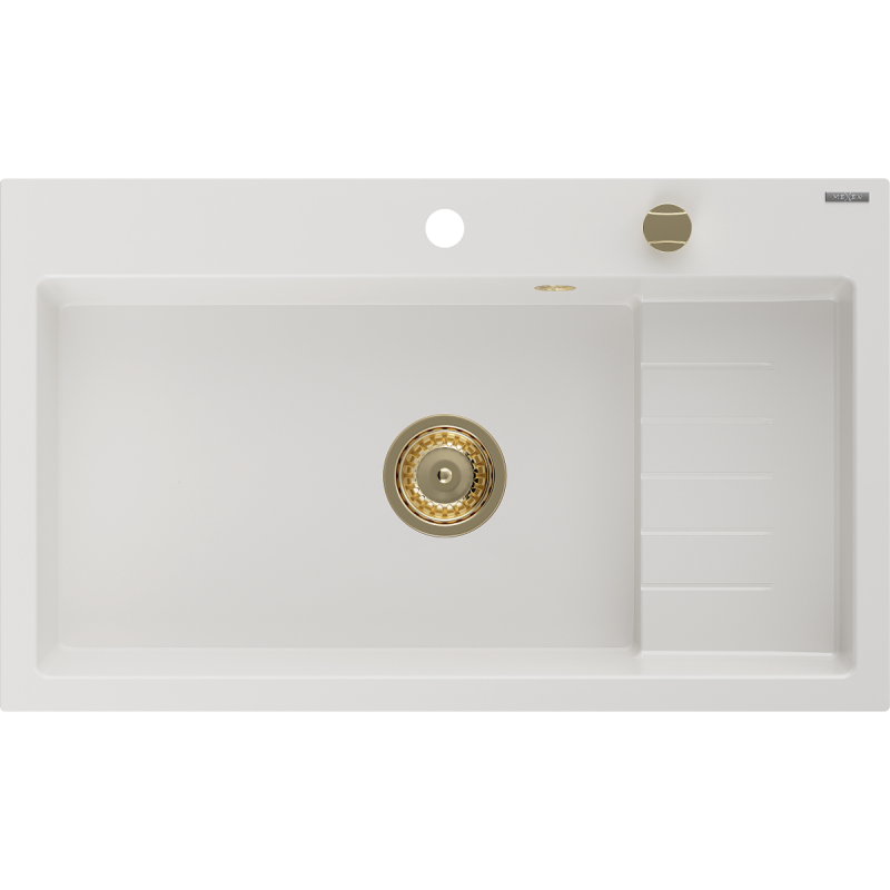 Mexen Omar гранитна мивка с 1 отделение 800 x 480 мм, бяла, златен сифон - 6520801005-20-G