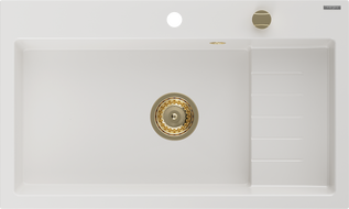 Mexen Omar гранитна мивка с 1 отделение 800 x 480 мм, бяла, златен сифон - 6520801005-20-G
