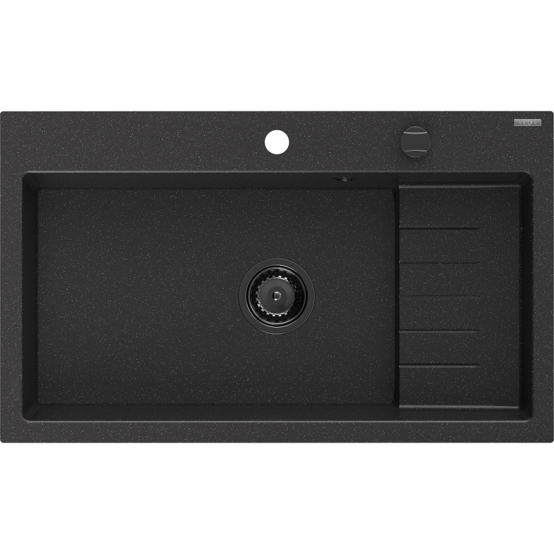 Mexen Omar гранитна мивка с 1 отделение 800 x 480 mm, черна/сребрист металик, черен сифон - 6520801005-73-B