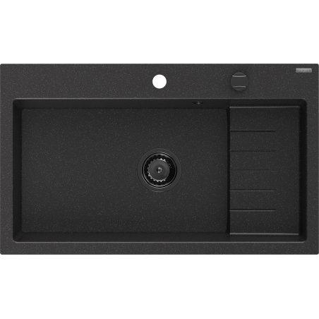 Mexen Omar гранитна мивка с 1 отделение 800 x 480 mm, черна/сребрист металик, черен сифон - 6520801005-73-B