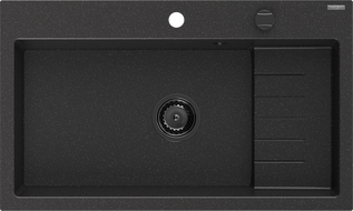Mexen Omar гранитна мивка с 1 отделение 800 x 480 mm, черна/сребрист металик, черен сифон - 6520801005-73-B