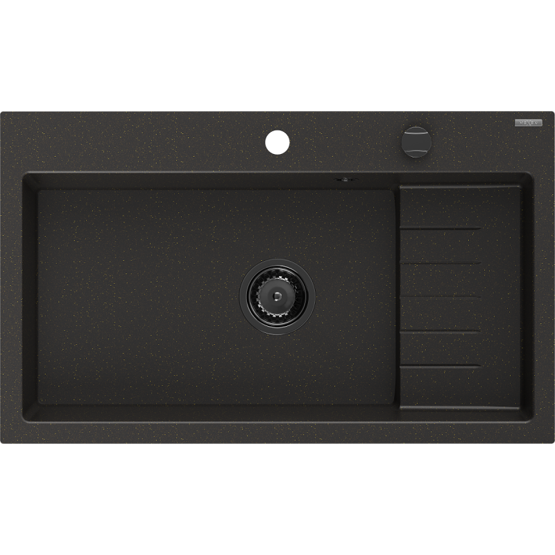 Mexen Omar гранитна мивка с 1 отделение 800 x 480 мм, черен/златен металик, черен сифон - 6520801005-75-B