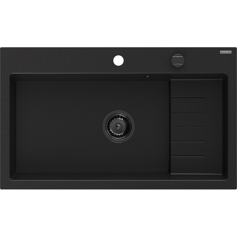 Mexen Omar гранитна кухненска мивка с 1 корито 800 x 480 mm, черна, черен сифон - 6520801005-77-B