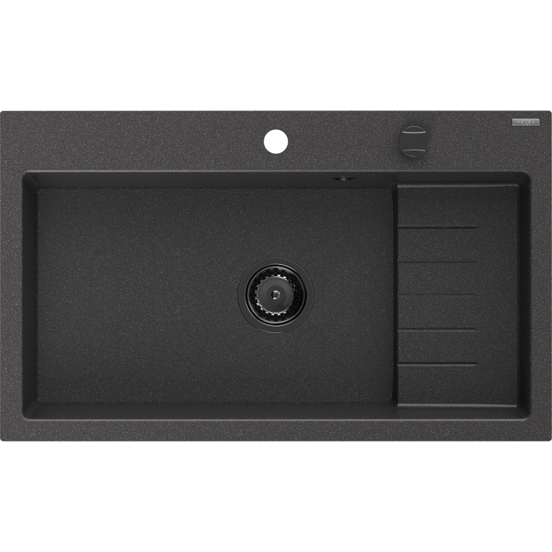Mexen Omar Гранитна мивка с едно отделение 800 x 480 мм, черна на петна, черен сифон - 6520801005-76-B