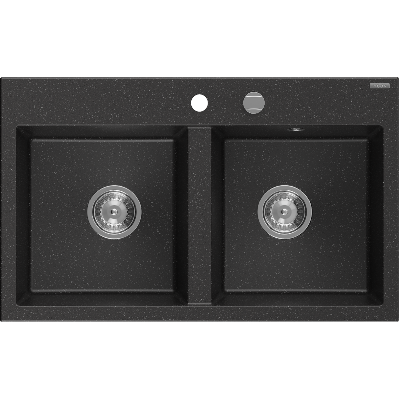 Mexen Hektor кухненска мивка от гранит, 2-компонентна 800 x 480 mm, черен/сребърен металик, хром сифон - 6521802000-73
