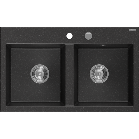 Mexen Hektor кухненска мивка от гранит, 2-компонентна 800 x 480 mm, черен/сребърен металик, хром сифон - 6521802000-73