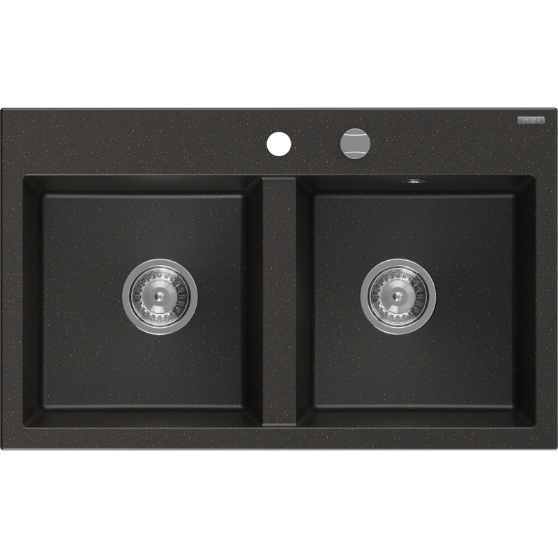 Mexen Hektor гранитна мивка с 2 камери 800 x 480 мм, черен/златен металик, хромиран сифон - 6521802000-75