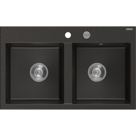 Mexen Hektor гранитна мивка с 2 камери 800 x 480 мм, черен/златен металик, хромиран сифон - 6521802000-75