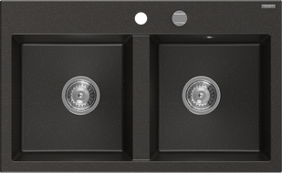 Mexen Hektor гранитна мивка с 2 камери 800 x 480 мм, черен/златен металик, хромиран сифон - 6521802000-75