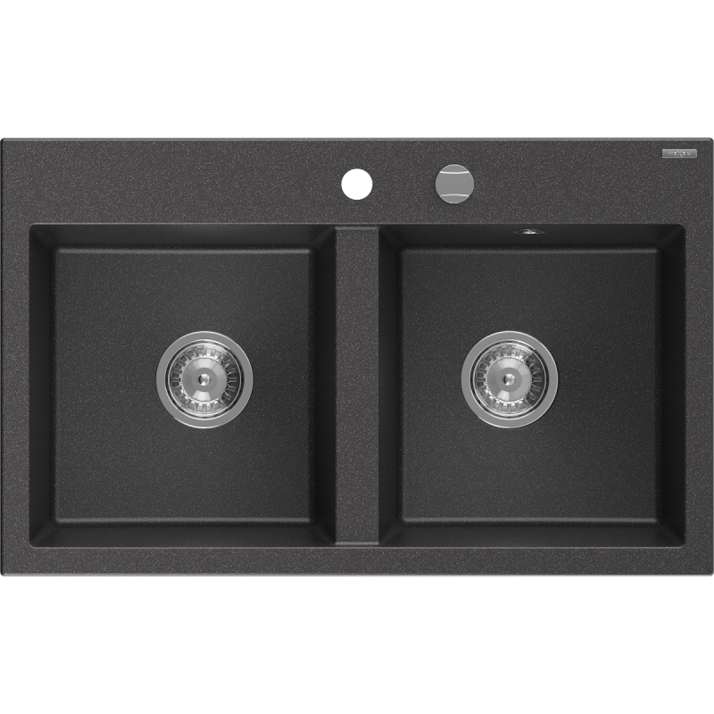 Mexen Hektor гранитна мивка с 2 камери 800 x 480 mm, черна на пръски, хромиран сифон - 6521802000-76
