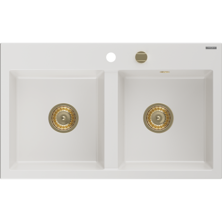 Mexen Hektor гранитна мивка с 2 камери 800 x 480 mm, бяла, златен сифон - 6521802000-20-G