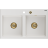 Mexen Hektor гранитна мивка с 2 камери 800 x 480 mm, бяла, златен сифон - 6521802000-20-G