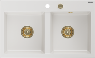 Mexen Hektor гранитна мивка с 2 отделения, 800 x 480 мм, бял, златен сифон - 6521802000-20-G