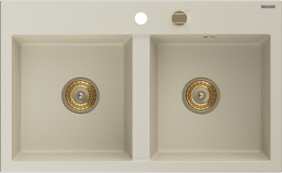 Mexen Hektor гранитна мивка с 2 отделения 800 x 480 мм, бежова, златен сифон - 6521802000-69-G