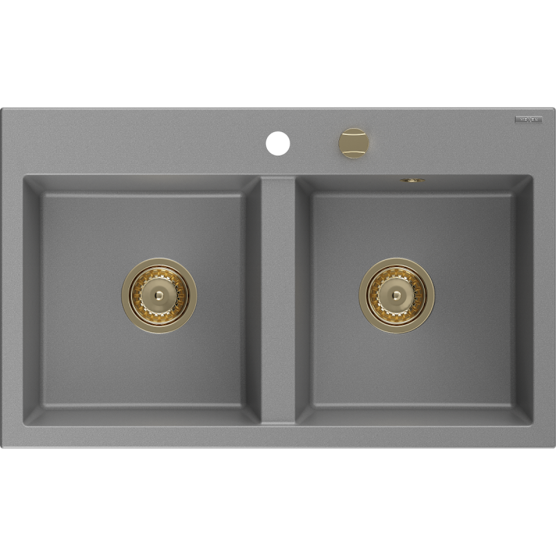 Mexen Hektor гранитна кухненска мивка с 2 отделения 800 x 480 mm, сива, сифон златен - 6521802000-71-G