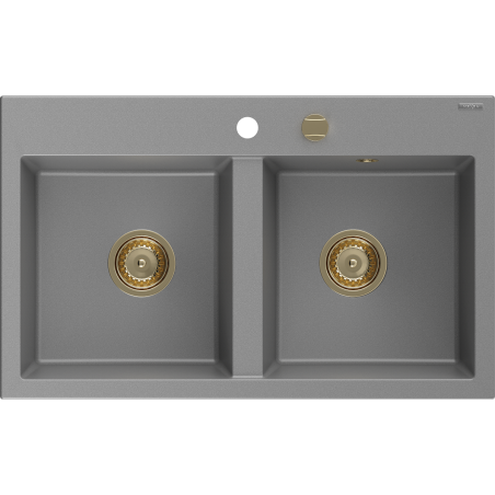 Mexen Hektor гранитна кухненска мивка с 2 отделения 800 x 480 mm, сива, сифон златен - 6521802000-71-G