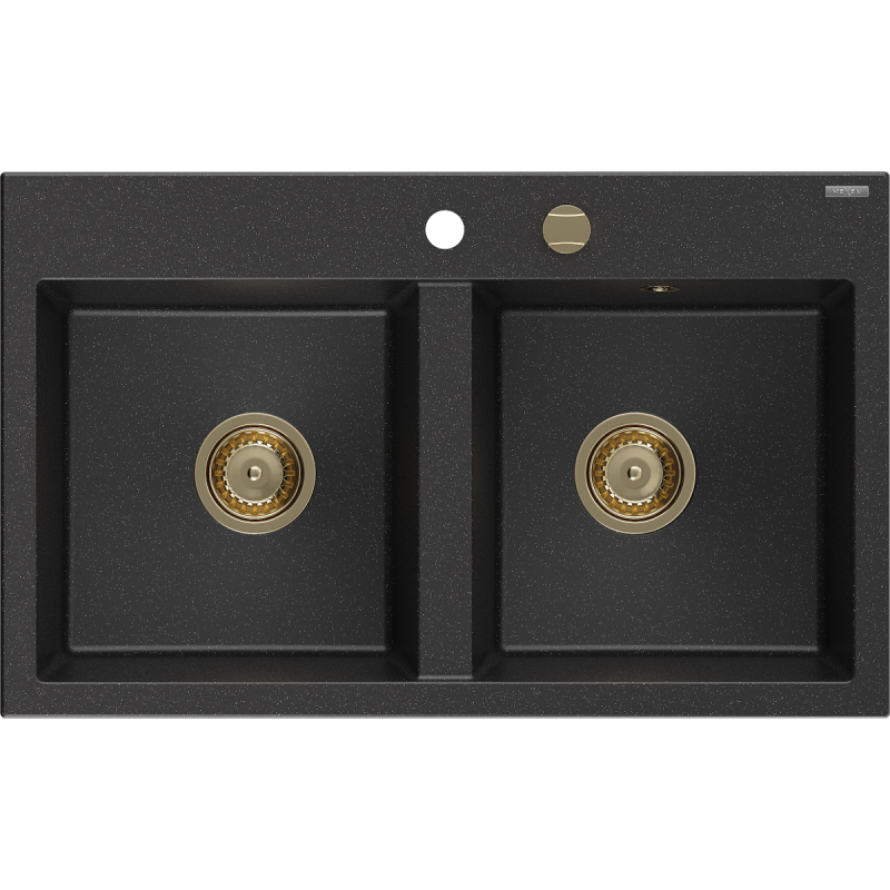Mexen Hektor гранитна мивка с две камери 800 x 480 мм, черен/сребърен металик, златен сифон - 6521802000-73-G