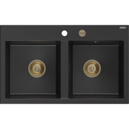 Mexen Hektor гранитна мивка с две камери 800 x 480 мм, черен/сребърен металик, златен сифон - 6521802000-73-G