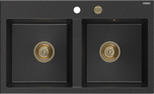 Mexen Hektor гранитна мивка с две камери 800 x 480 мм, черен/сребърен металик, златен сифон - 6521802000-73-G