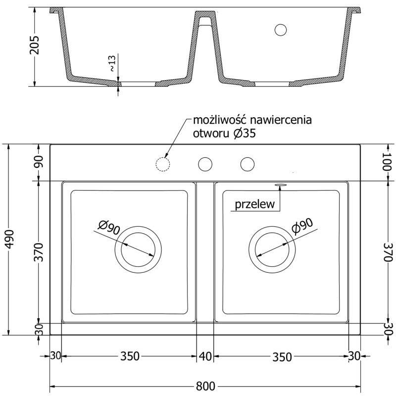 Mexen Hektor гранитна мивка с 2 камери 800 x 480 mm, черно/златист металик, златен