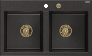 Mexen Hektor двоен мивка от гранит 800 x 480 mm, черен/златен металик, сифон златен - 6521802000-75-G