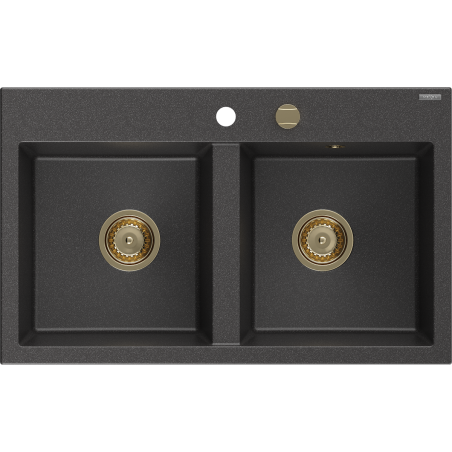 Mexen Hektor гранитна мивка с 2 камери 800 x 480 мм, черна с пръски, сифон златист - 6521802000-76-G