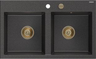 Mexen Hektor гранитна мивка с 2 камери 800 x 480 мм, черна с пръски, сифон златист - 6521802000-76-G