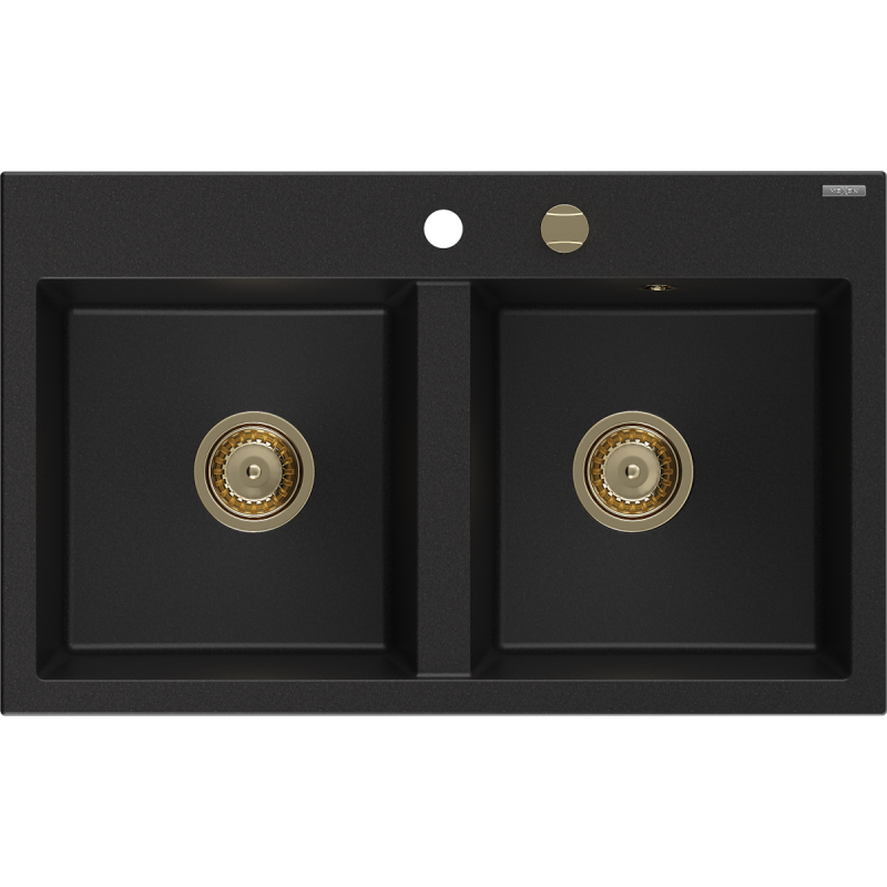 Mexen Hektor гранитна мивка с 2 камери 800 x 480 мм, черна, сифон златен - 6521802000-77-G
