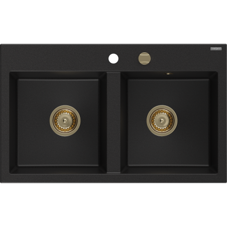 Mexen Hektor гранитна мивка с 2 камери 800 x 480 мм, черна, сифон златен - 6521802000-77-G