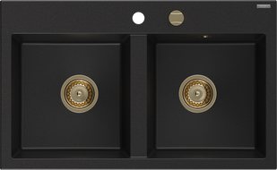 Mexen Hektor гранитна мивка с 2 камери 800 x 480 мм, черна, сифон златен - 6521802000-77-G