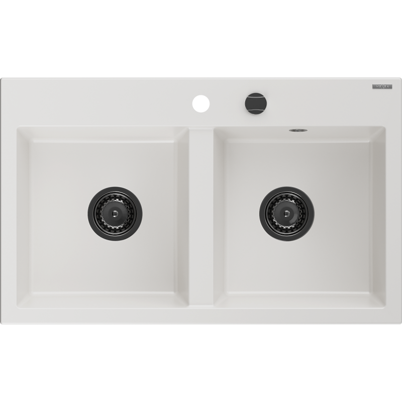 Mexen Hektor гранитна мивка с 2 камери 800 x 480 mm, бяла, черен сифон - 6521802000-20-B