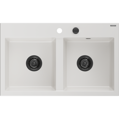 Mexen Hektor гранитна мивка с 2 камери 800 x 480 mm, бяла, черен сифон - 6521802000-20-B