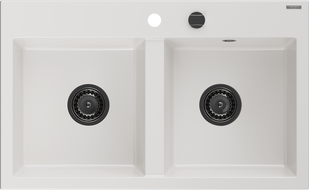 Mexen Hektor гранитна мивка с 2 камери 800 x 480 mm, бяла, черен сифон - 6521802000-20-B