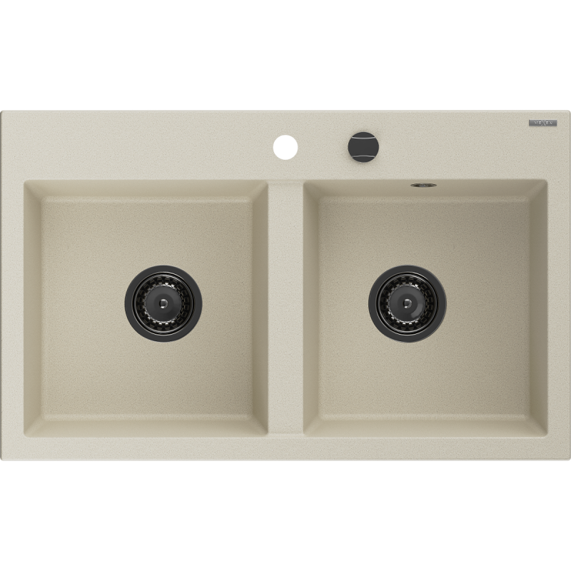 Mexen Hektor гранитна мивка с 2 отделения 800 x 480 mm, бежова, черен сифон - 6521802000-69-B